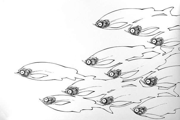 Ryby / kresba tuší / 60 × 90 cm